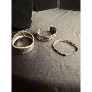 Lot of 3 silver tone vintage bracelets, 2 cuffs and 1 mesh bracelet